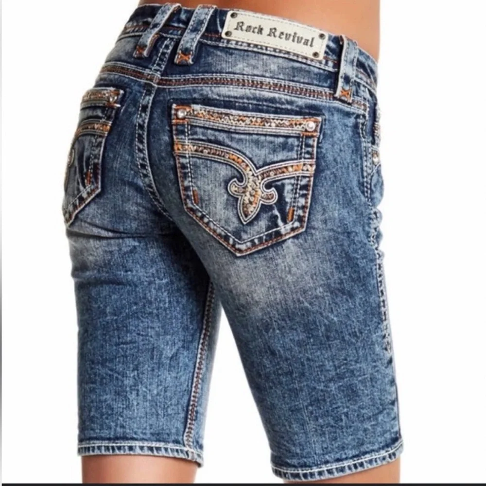 Rock Revival Nancy Bermuda Stretch Denim Shorts Distressed Blue Sz 25